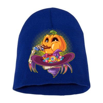 Funny Halloween Pumpkin Head Eating Candy Short Acrylic Beanie