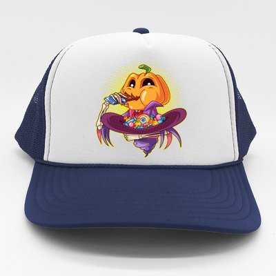 Funny Halloween Pumpkin Head Eating Candy Trucker Hat