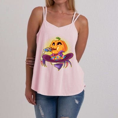 Funny Halloween Pumpkin Head Eating Candy Women's Strappy Tank