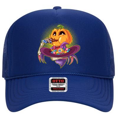 Funny Halloween Pumpkin Head Eating Candy High Crown Mesh Back Trucker Hat