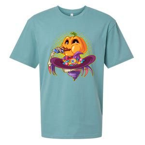 Funny Halloween Pumpkin Head Eating Candy Sueded Cloud Jersey T-Shirt