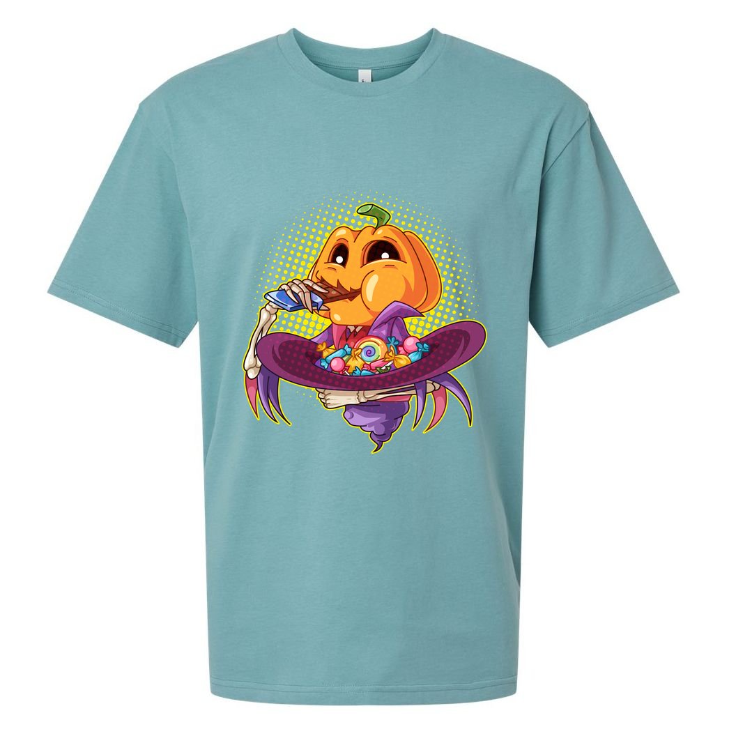 Funny Halloween Pumpkin Head Eating Candy Sueded Cloud Jersey T-Shirt