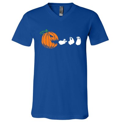 Funny Halloween Pumpkin Eating Ghost Gamer Cute Gift V-Neck T-Shirt