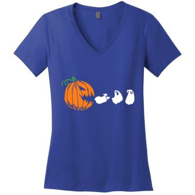 Funny Halloween Pumpkin Eating Ghost Gamer Cute Gift Women's V-Neck T-Shirt