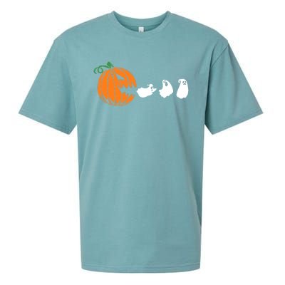 Funny Halloween Pumpkin Eating Ghost Gamer Cute Gift Sueded Cloud Jersey T-Shirt