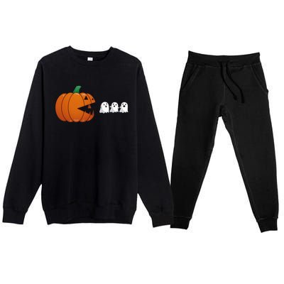 Funny Halloween Pumpkin Eating Ghost Gamer Cute Gift Premium Crewneck Sweatsuit Set