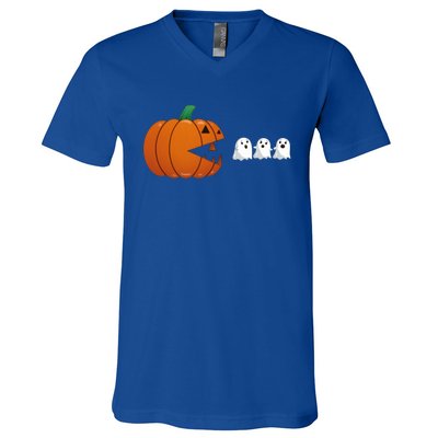 Funny Halloween Pumpkin Eating Ghost Gamer Cute Gift V-Neck T-Shirt