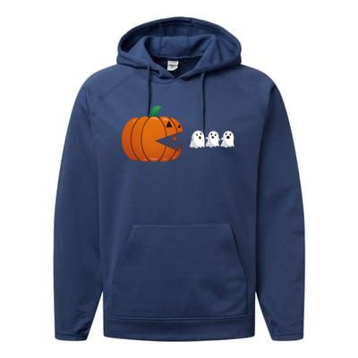 Funny Halloween Pumpkin Eating Ghost Gamer Cute Gift Performance Fleece Hoodie