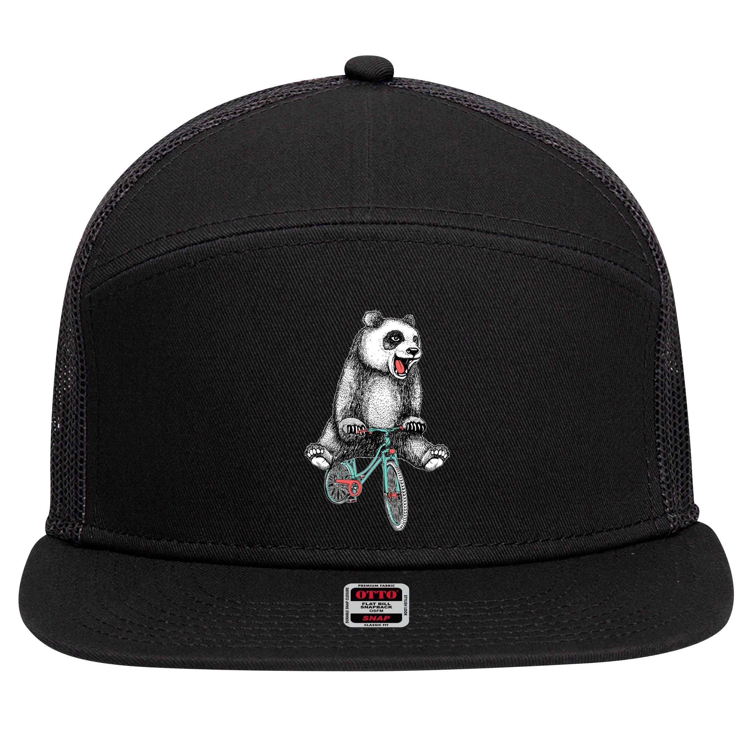 Funny Happy Panda On Bike Bicycle 7 Panel Mesh Trucker Snapback Hat
