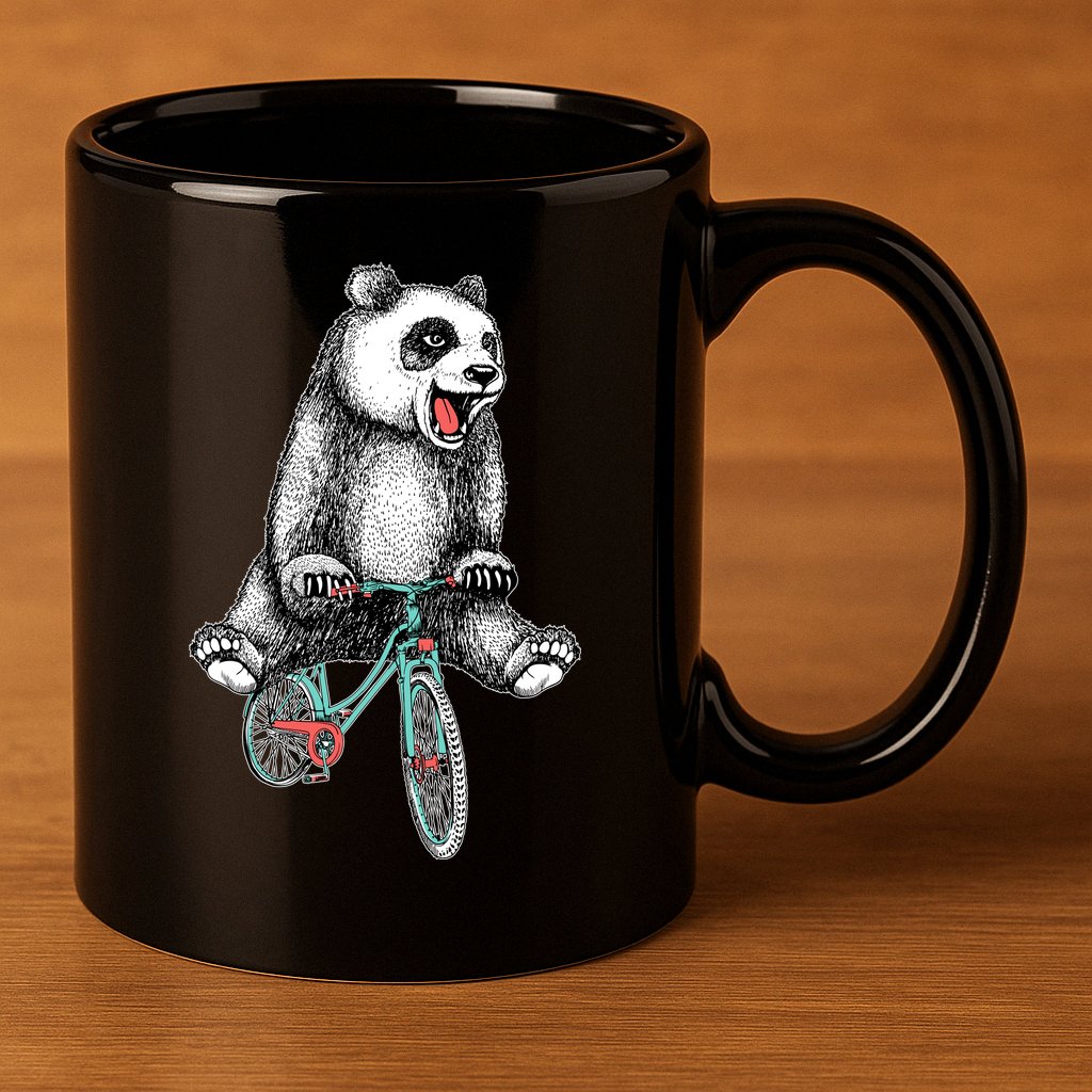 Funny Happy Panda On Bike Bicycle 11oz C Handle Ceramic Mug