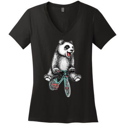 Funny Happy Panda On Bike Bicycle Women's V-Neck T-Shirt