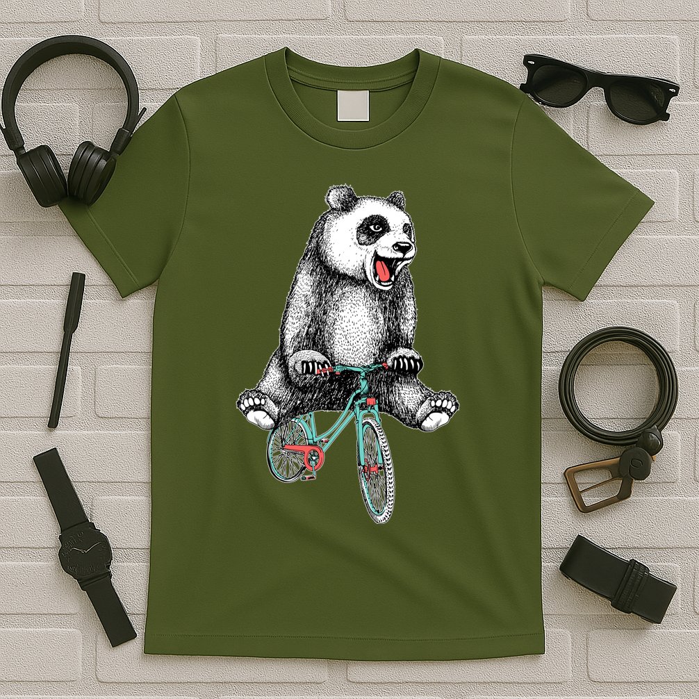 Funny Happy Panda On Bike Bicycle T-Shirt