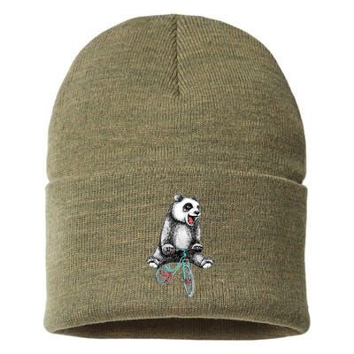 Funny Happy Panda On Bike Bicycle Sustainable Knit Beanie