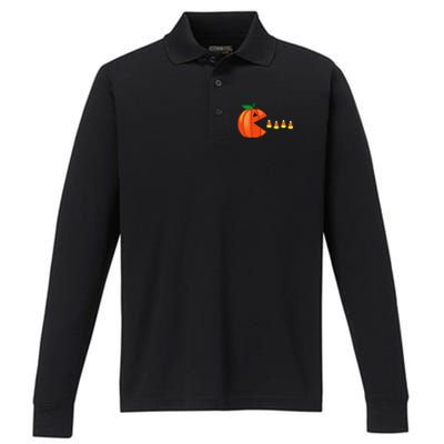 Funny Halloween Pumpkin Eating Candy Corn Performance Long Sleeve Polo