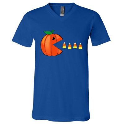 Funny Halloween Pumpkin Eating Candy Corn V-Neck T-Shirt