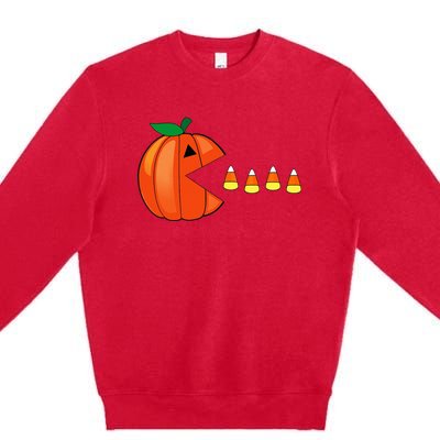 Funny Halloween Pumpkin Eating Candy Corn Premium Crewneck Sweatshirt