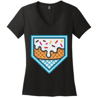 Funny Home Plate Drip Ice Cream Softball Baseball Women's V-Neck T-Shirt