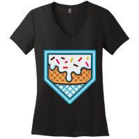 Funny Home Plate Drip Ice Cream Softball Baseball Women's V-Neck T-Shirt