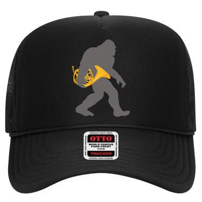 Funny Horn Player Bigfoot Musician With French Horn High Crown Mesh Back Trucker Hat