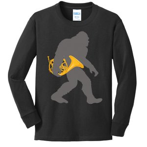 Funny Horn Player Bigfoot Musician With French Horn Kids Long Sleeve Shirt