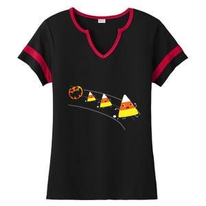 Funny Halloween Pumpkin Eating Candy Corn Ladies Halftime Notch Neck Tee