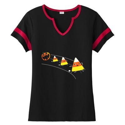 Funny Halloween Pumpkin Eating Candy Corn Ladies Halftime Notch Neck Tee