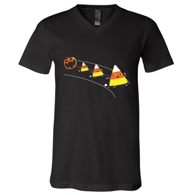 Funny Halloween Pumpkin Eating Candy Corn V-Neck T-Shirt