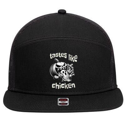 Funny Halloween Pumpkin Eating Ghost Tastes Like Chicken 7 Panel Mesh Trucker Snapback Hat