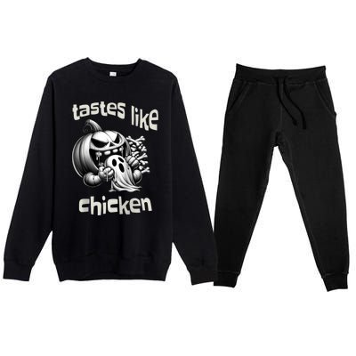 Funny Halloween Pumpkin Eating Ghost Tastes Like Chicken Premium Crewneck Sweatsuit Set