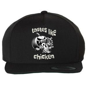 Funny Halloween Pumpkin Eating Ghost Tastes Like Chicken Wool Snapback Cap