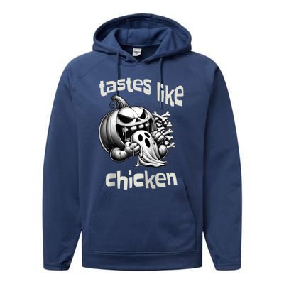 Funny Halloween Pumpkin Eating Ghost Tastes Like Chicken Performance Fleece Hoodie