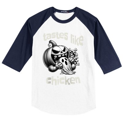 Funny Halloween Pumpkin Eating Ghost Tastes Like Chicken Baseball Sleeve Shirt