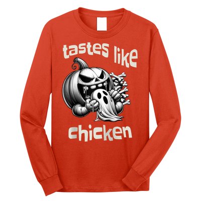 Funny Halloween Pumpkin Eating Ghost Tastes Like Chicken Long Sleeve Shirt