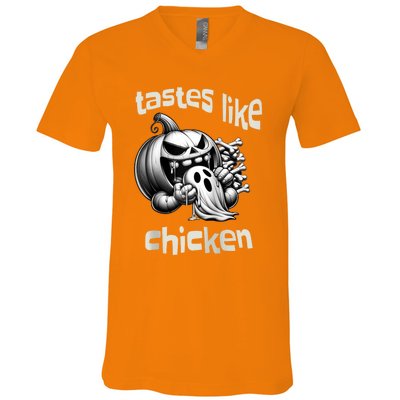 Funny Halloween Pumpkin Eating Ghost Tastes Like Chicken V-Neck T-Shirt