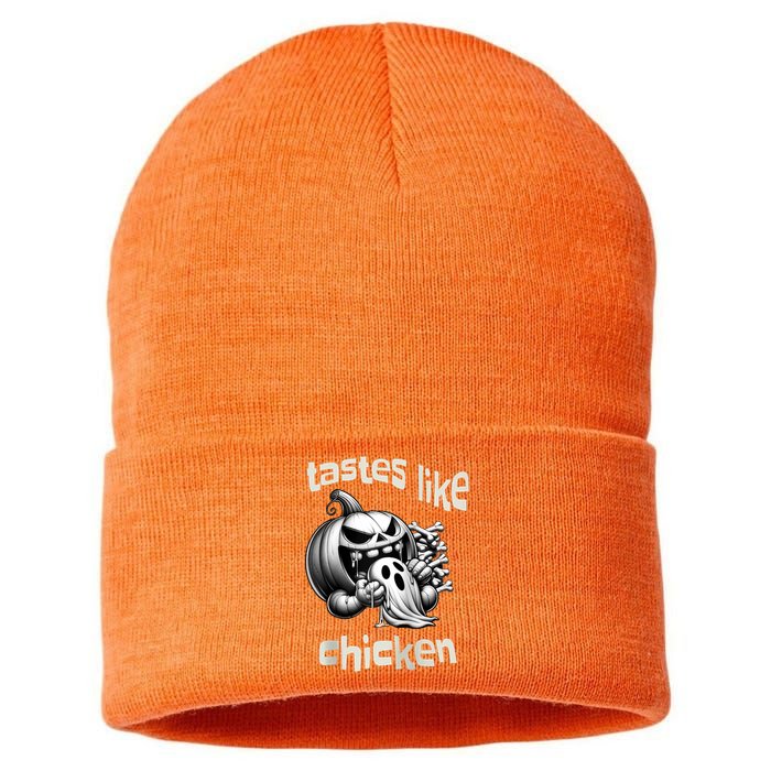 Funny Halloween Pumpkin Eating Ghost Tastes Like Chicken Sustainable Knit Beanie