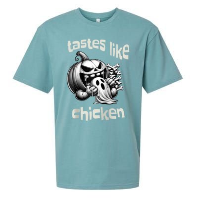 Funny Halloween Pumpkin Eating Ghost Tastes Like Chicken Sueded Cloud Jersey T-Shirt