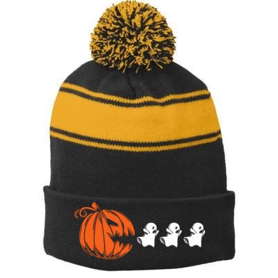 Funny Halloween Pumpkin Eating Ghost Gamer Stripe Pom Pom Beanie