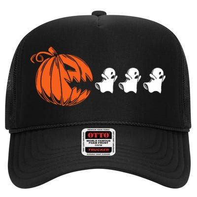 Funny Halloween Pumpkin Eating Ghost Gamer High Crown Mesh Back Trucker Hat