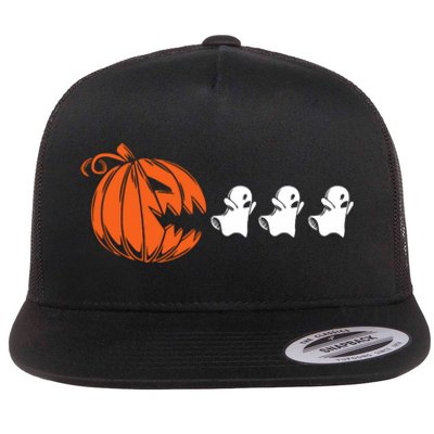 Funny Halloween Pumpkin Eating Ghost Gamer Flat Bill Trucker Hat