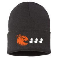 Funny Halloween Pumpkin Eating Ghost Gamer Sustainable Knit Beanie