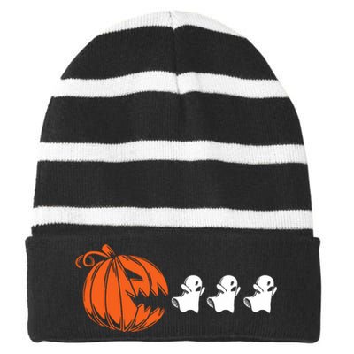 Funny Halloween Pumpkin Eating Ghost Gamer Striped Beanie with Solid Band