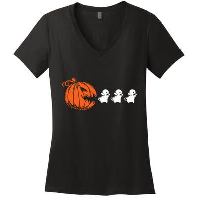 Funny Halloween Pumpkin Eating Ghost Gamer Women's V-Neck T-Shirt