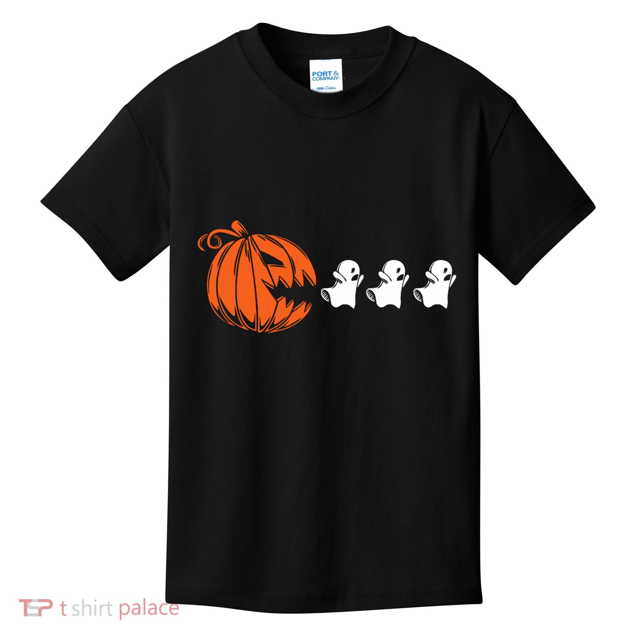 Funny Halloween Pumpkin Eating Ghost Gamer Kids T-Shirt