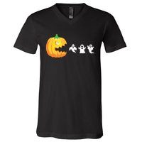 Funny Halloween Pumpkin Eating Ghost Gamer Kids V-Neck T-Shirt