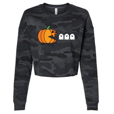 Funny Halloween Pumpkin Eating Ghost Gamer Kids Cropped Pullover Crew