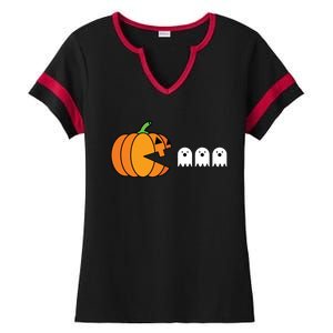 Funny Halloween Pumpkin Eating Ghost Gamer Kids Ladies Halftime Notch Neck Tee