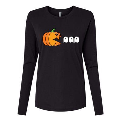 Funny Halloween Pumpkin Eating Ghost Gamer Kids Womens Cotton Relaxed Long Sleeve T-Shirt