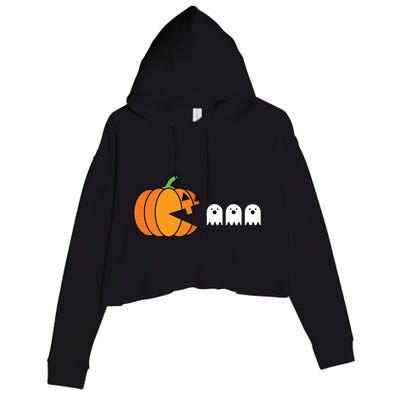 Funny Halloween Pumpkin Eating Ghost Gamer Kids Crop Fleece Hoodie