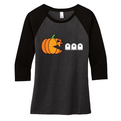 Funny Halloween Pumpkin Eating Ghost Gamer Kids Women's Tri-Blend 3/4-Sleeve Raglan Shirt