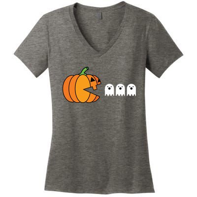 Funny Halloween Pumpkin Eating Ghost Gamer Kids Women's V-Neck T-Shirt